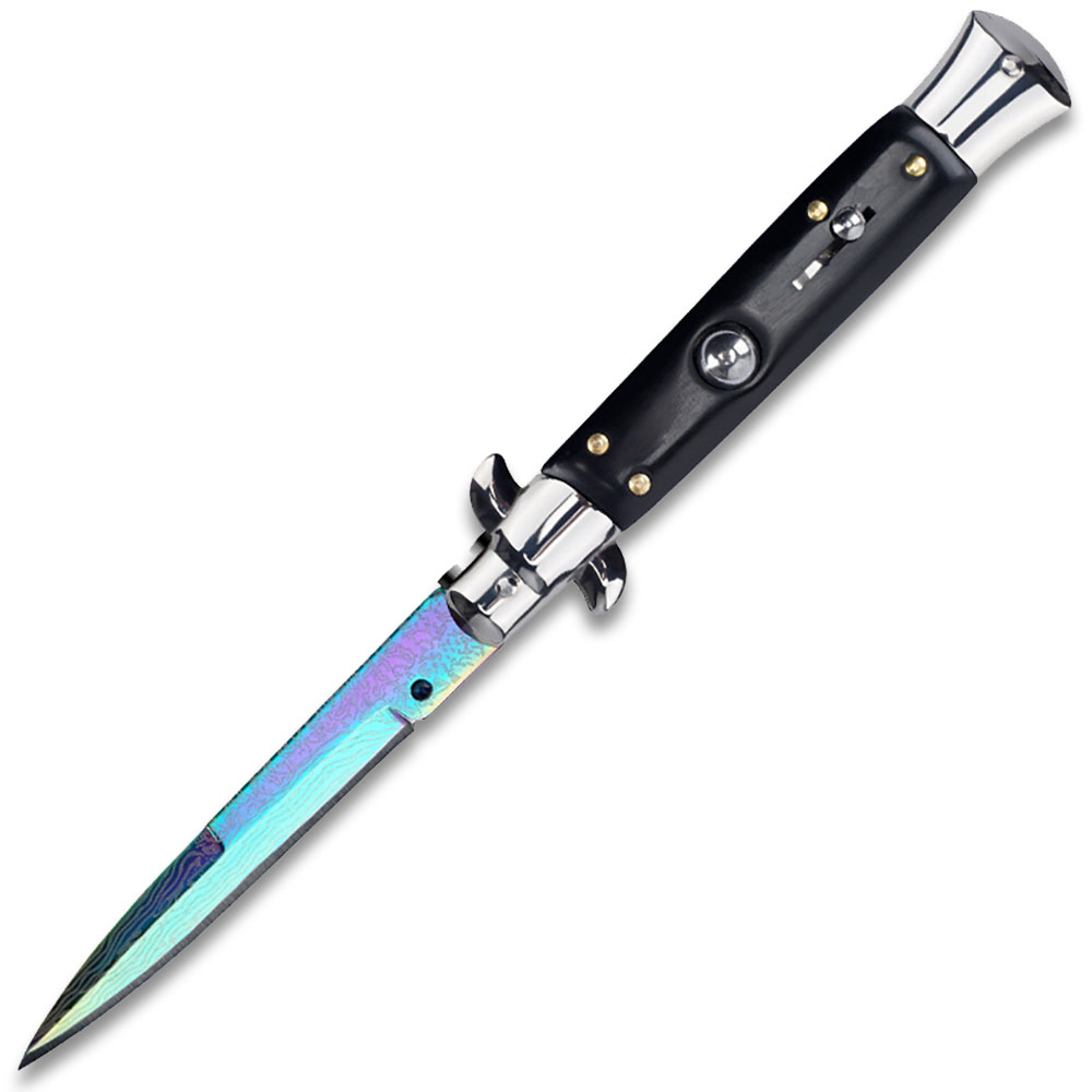 Rainbow Damascus Pattern  Black Automatic Stiletto Knife