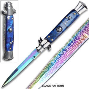 Rainbow Damascus Pattern Blue Automatic Stiletto Knife