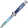 Rainbow Damascus Pattern Blue Automatic Stiletto Knife