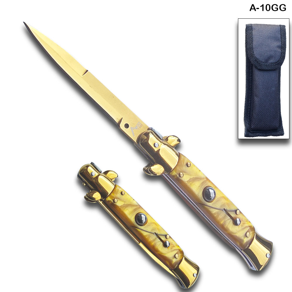 AKC Edition Blade Automatic Stiletto Knife Gold Pearl Handle