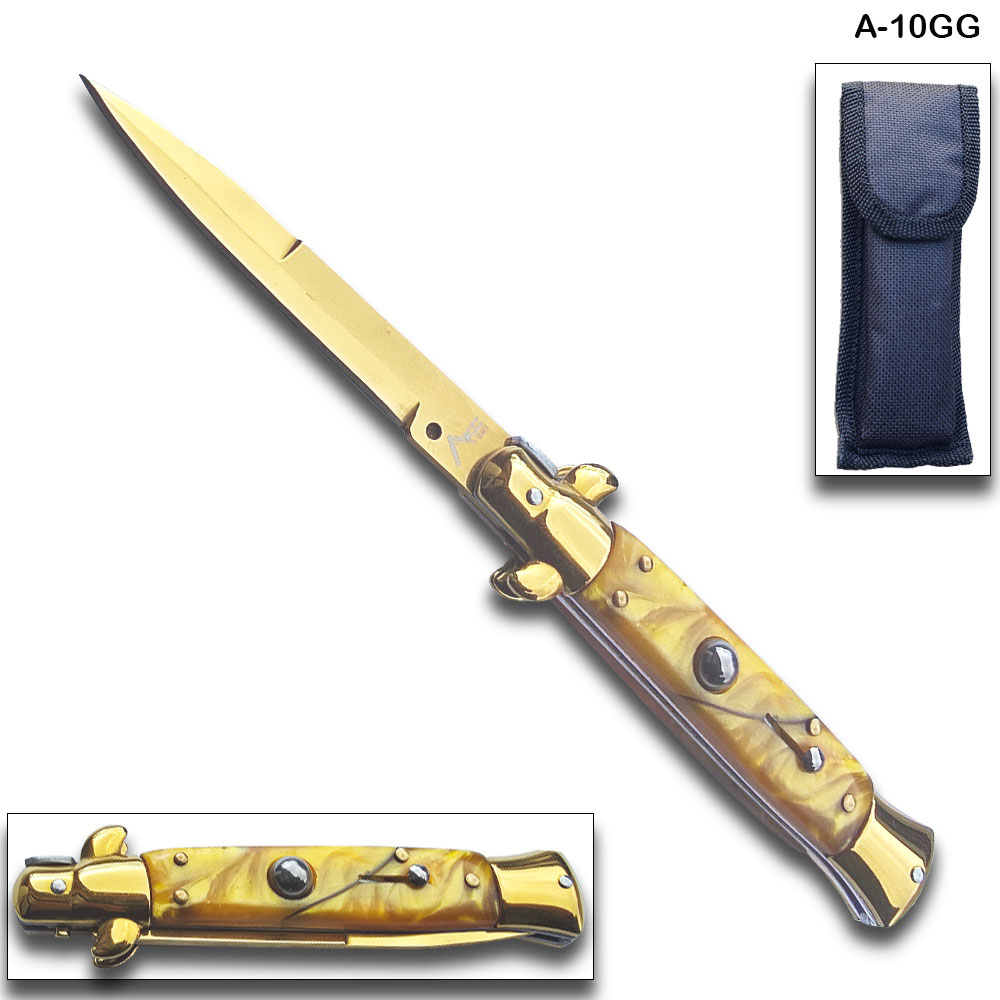 AKC Edition Blade Automatic Stiletto Knife Gold Pearl Handle