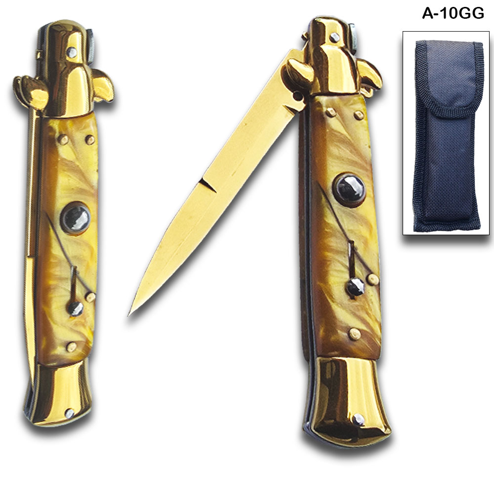 AKC Edition Blade Automatic Stiletto Knife Gold Pearl Handle