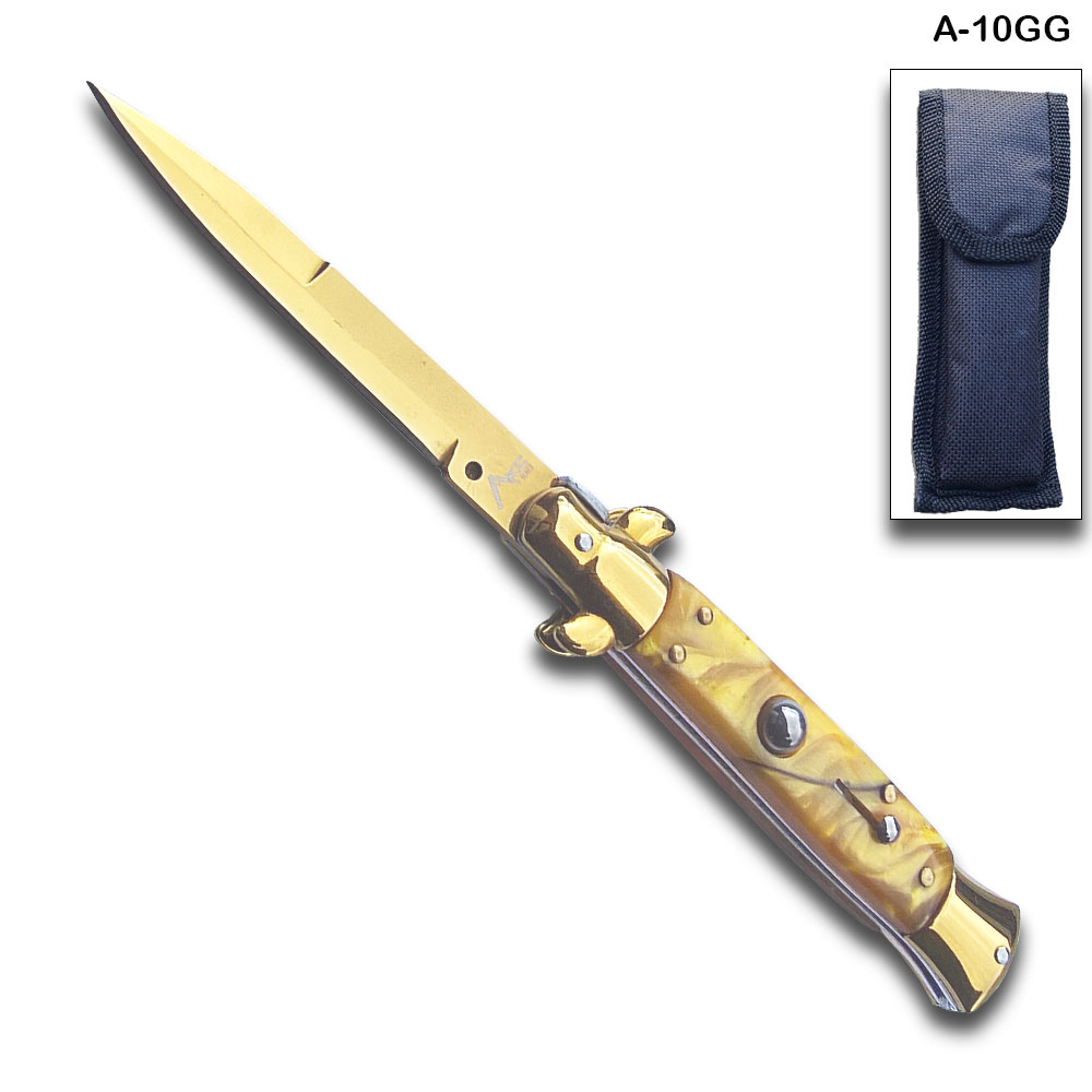 AKC Edition Blade Automatic Stiletto Knife Gold Pearl Handle