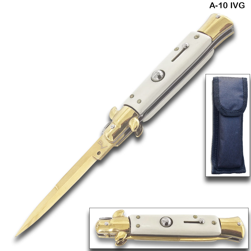 AKC Edition Blade Automatic Stiletto Knife Ivory and Gold Handle