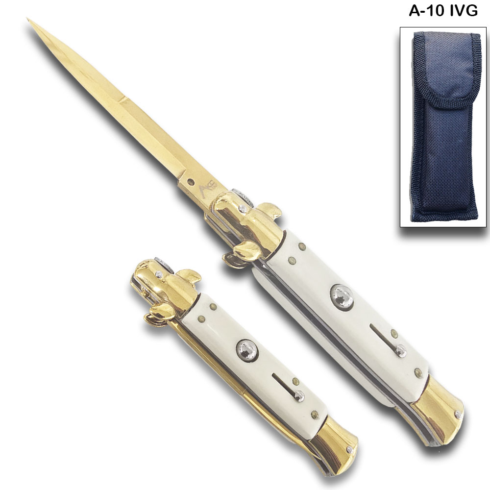 AKC Edition Blade Automatic Stiletto Knife Ivory and Gold Handle