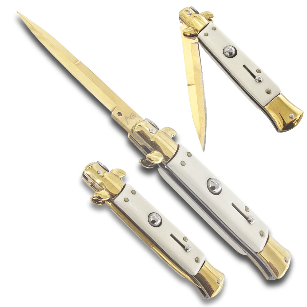 AKC Edition Blade Automatic Stiletto Knife Ivory and Gold Handle