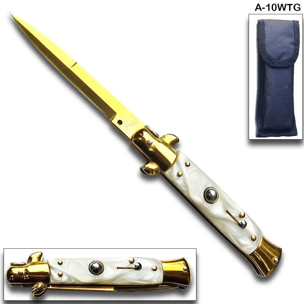 AKC Edition Blade Automatic Stiletto Knife White Pearl Handle