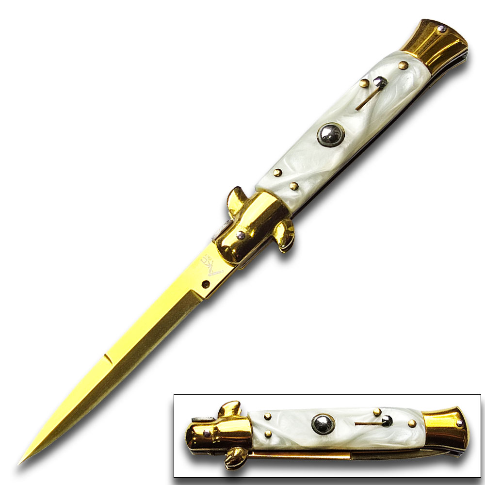 AKC Edition Blade Automatic Stiletto Knife White Pearl Handle