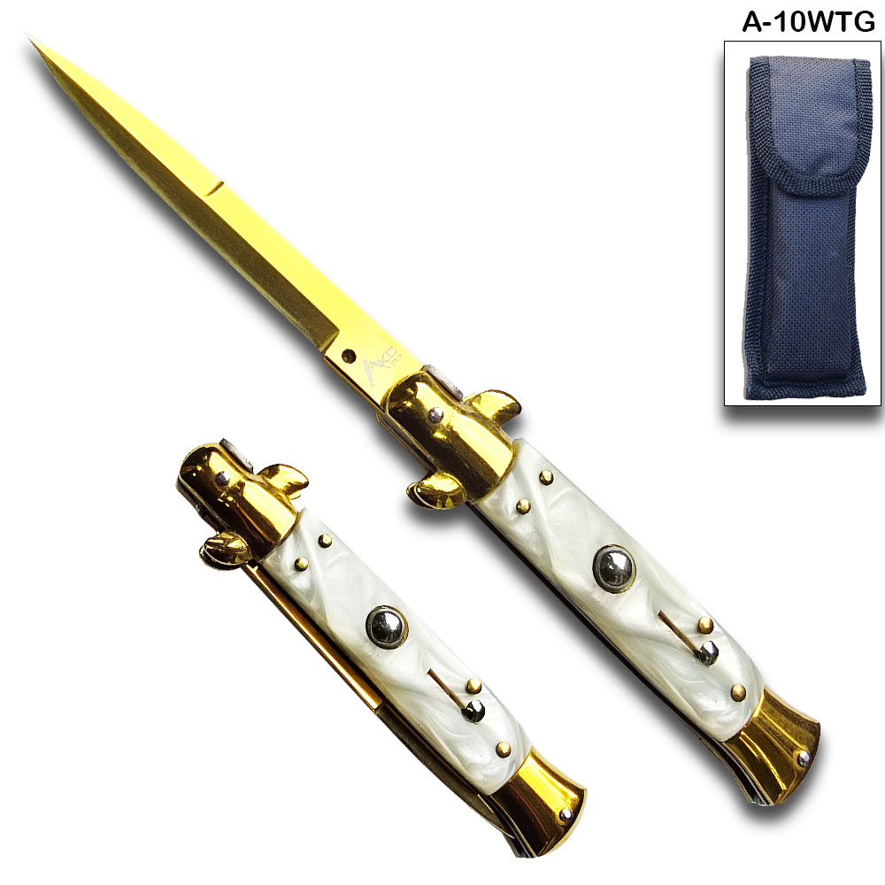 AKC Edition Blade Automatic Stiletto Knife White Pearl Handle