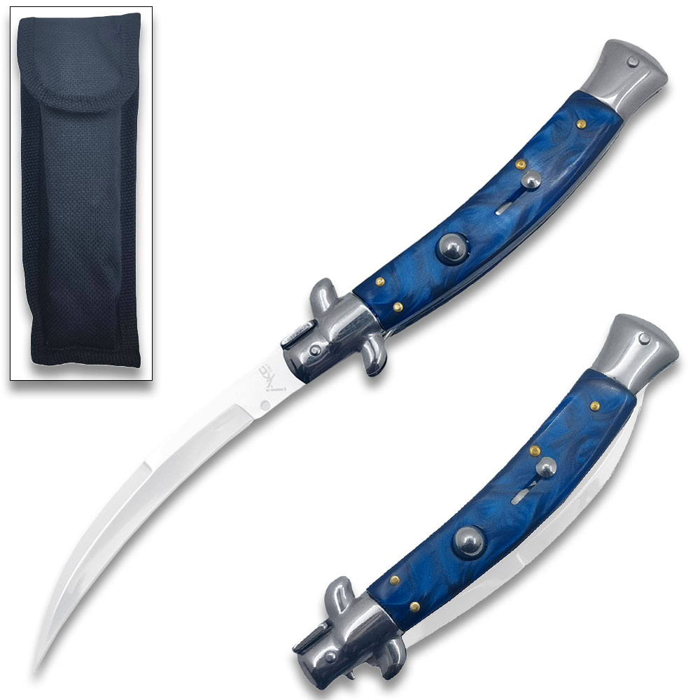 Blue Italian 9.75"  Stiletto Switch Curved Blade Pocket Knife
