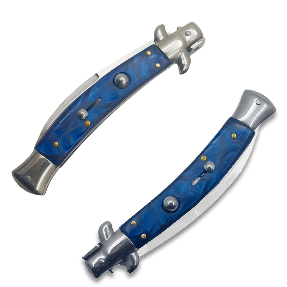 Blue Italian 9.75"  Stiletto Switch Curved Blade Pocket Knife