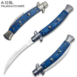 Blue Italian 9.75"  Stiletto Switch Curved Blade Pocket Knife