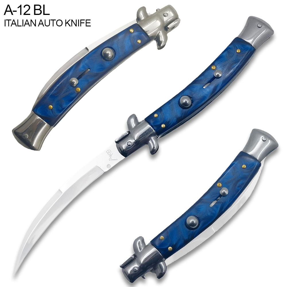 Blue Italian 9.75"  Stiletto Switch Curved Blade Pocket Knife