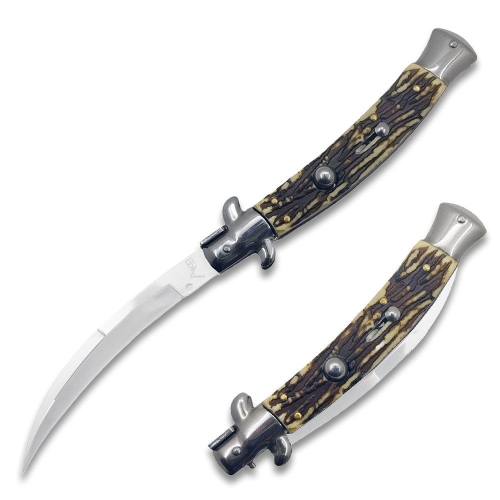 Imitation Bone Italian 9.75"  Stiletto Switch Curved Blade Pocket Knife