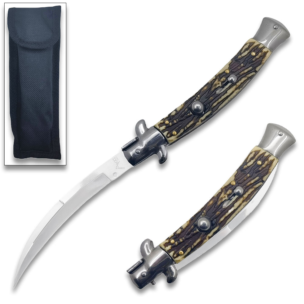 Imitation Bone Italian 9.75"  Stiletto Switch Curved Blade Pocket Knife