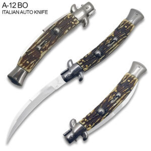 Imitation Bone Italian 9.75"  Stiletto Switch Curved Blade Pocket Knife