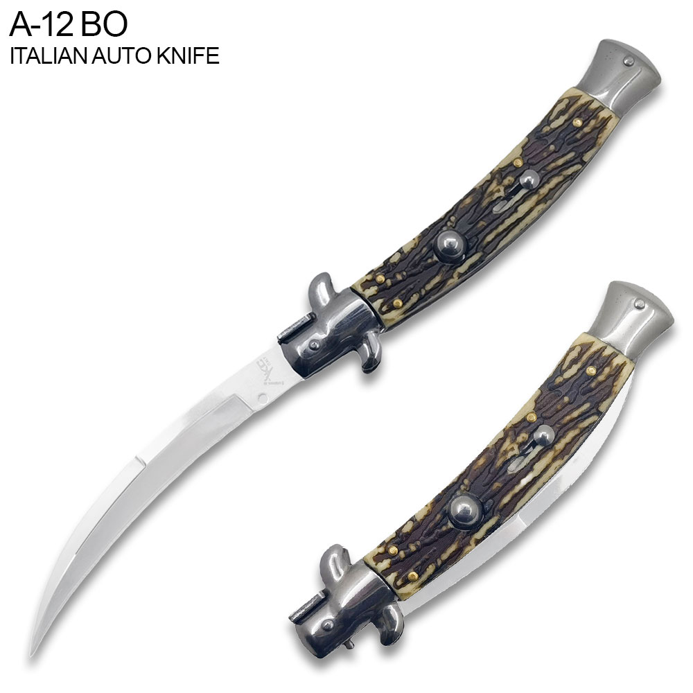 Imitation Bone Italian 9.75"  Stiletto Switch Curved Blade Pocket Knife