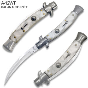 White Italian 9.75"  Stiletto Switch Curved Blade Pocket Knife