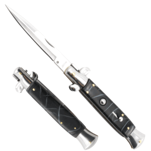 Godfather Italian Stiletto Switchblade Black And Marble Finish Handle Silver Blade