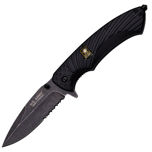 Officially Licensed US Army Spring Assisted Tactical Survival Knife BLACK Serrated