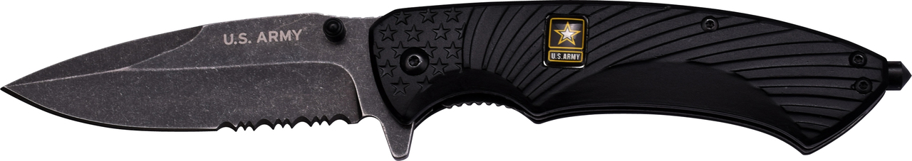 Officially Licensed US Army Spring Assisted Tactical Survival Knife BLACK Serrated