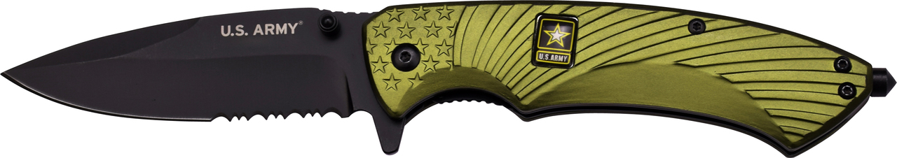 Officially Licensed US Army Spring Assisted Tactical Survival Knife GREEN Serrated