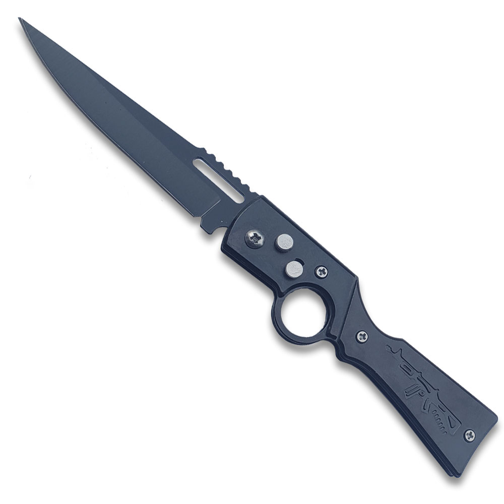 AK 47 Gun Styel Auto Knife Push Button Black Drop Point Blade