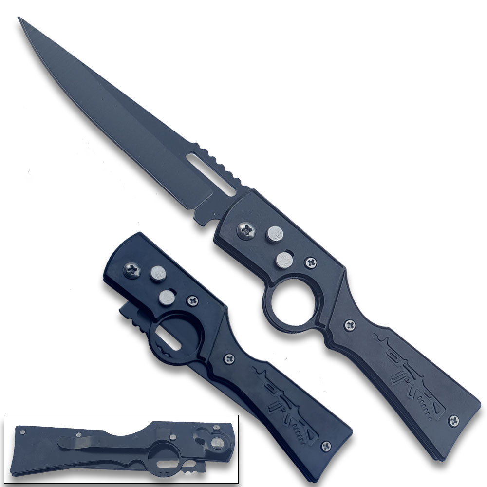 AK 47 Gun Styel Auto Knife Push Button Black Drop Point Blade