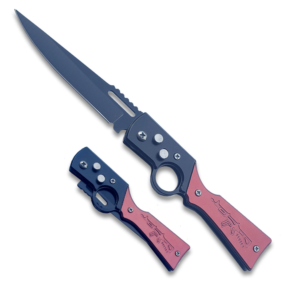 AK 47 Gun Styel Auto Knife Push Button Red Drop Point Blade