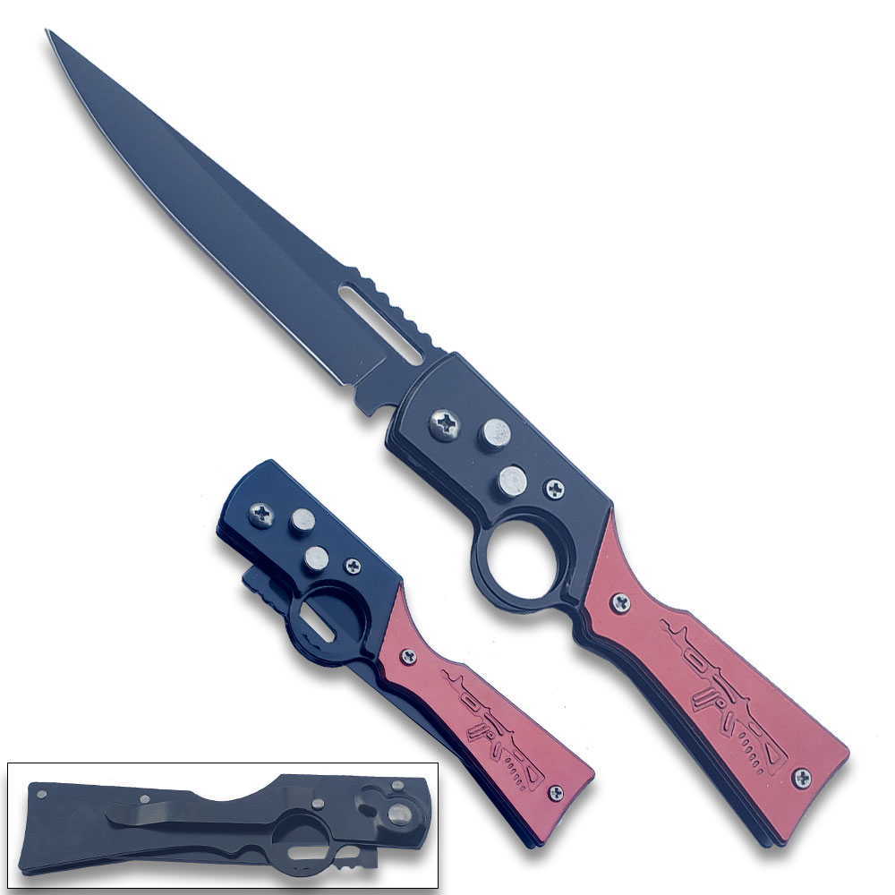 AK 47 Gun Styel Auto Knife Push Button Red Drop Point Blade