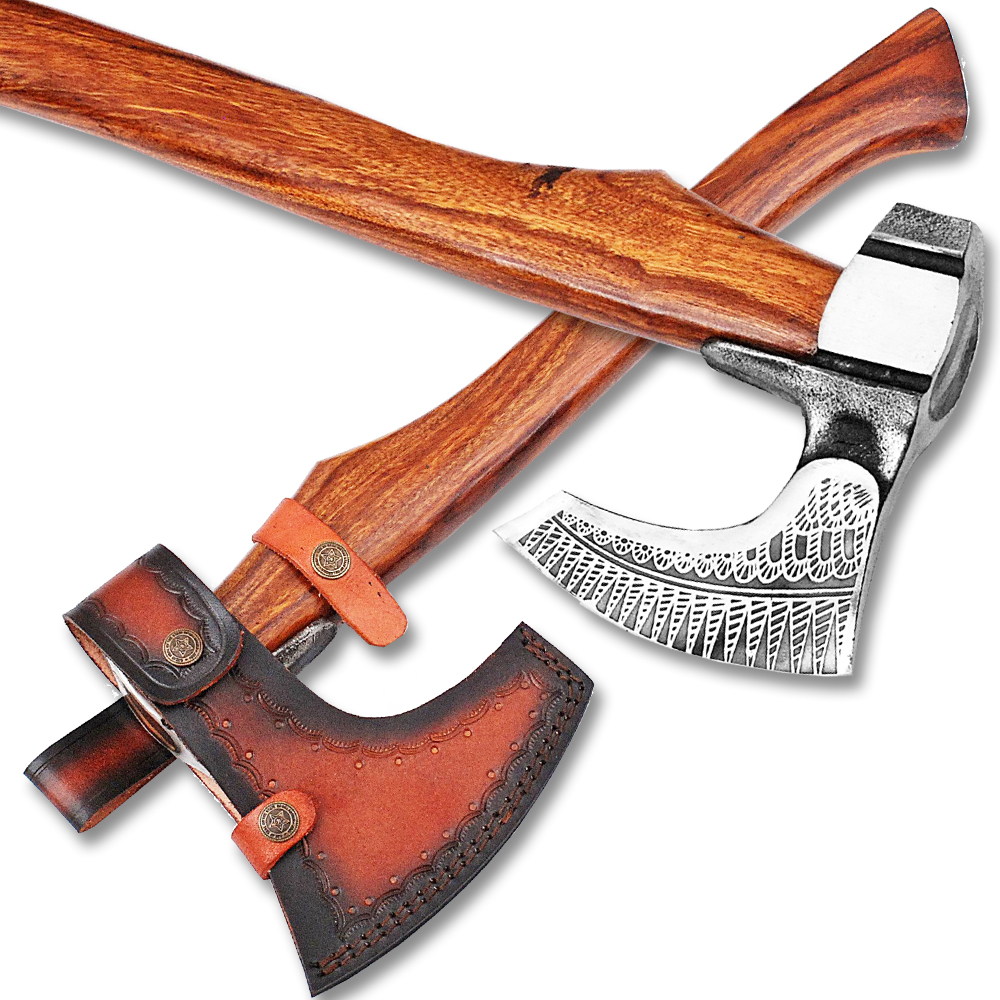 Hand Forged Viking Axe With Etched Carbon Steel Head