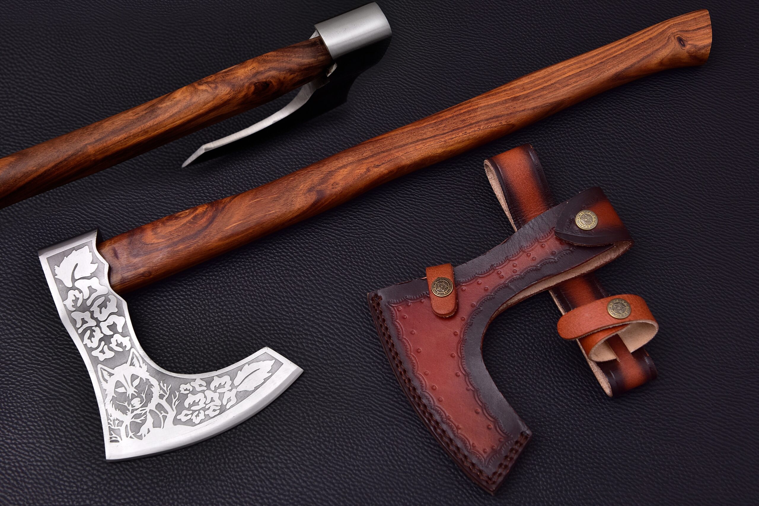 WHITE DEER Hand Forged Viking Axe With Custom Wolf Etched Carbon Steel Head