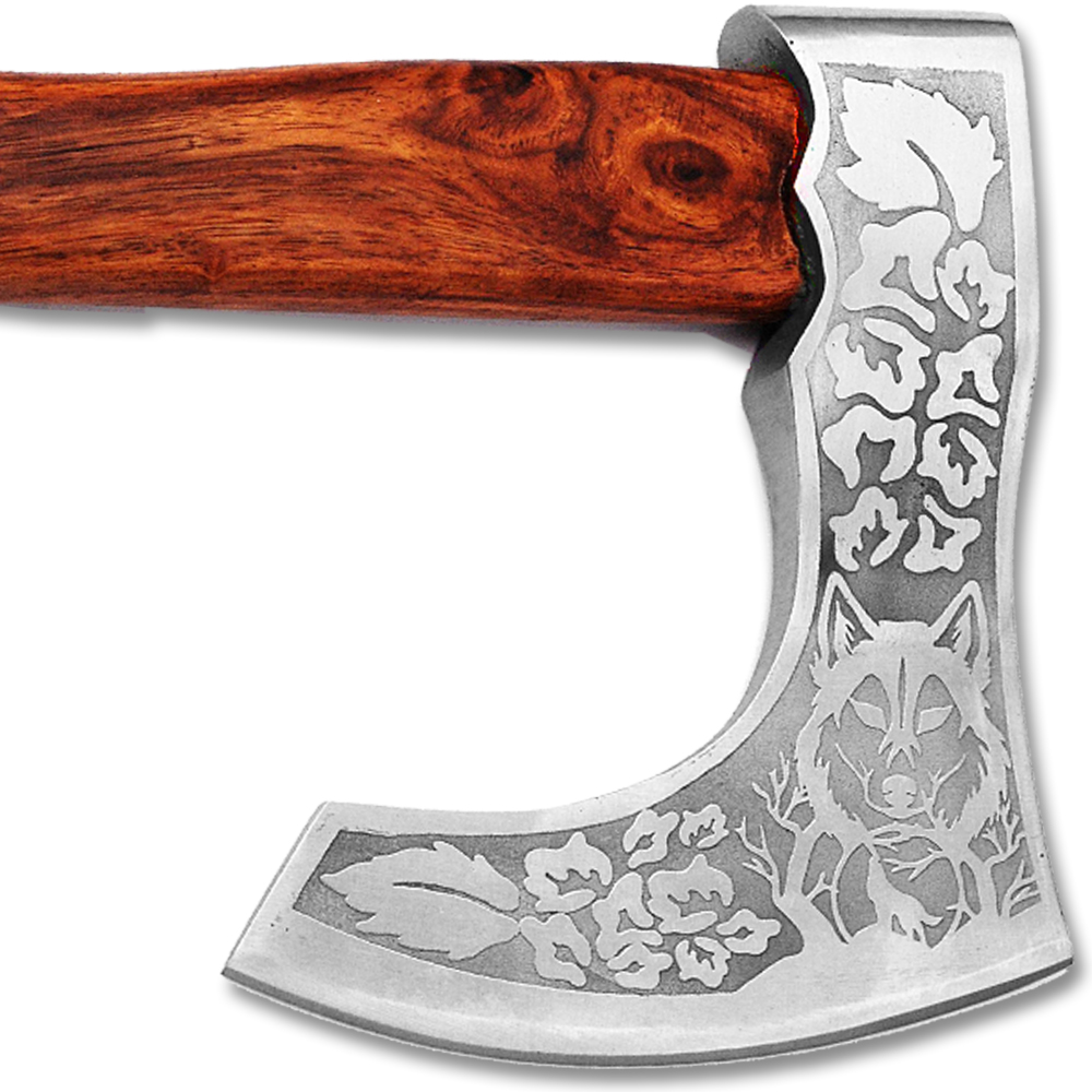WHITE DEER Hand Forged Viking Axe With Custom Wolf Etched Carbon Steel Head