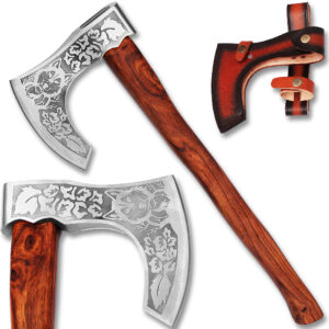 WHITE DEER Hand Forged Viking Axe With Custom Wolf Etched Carbon Steel Head
