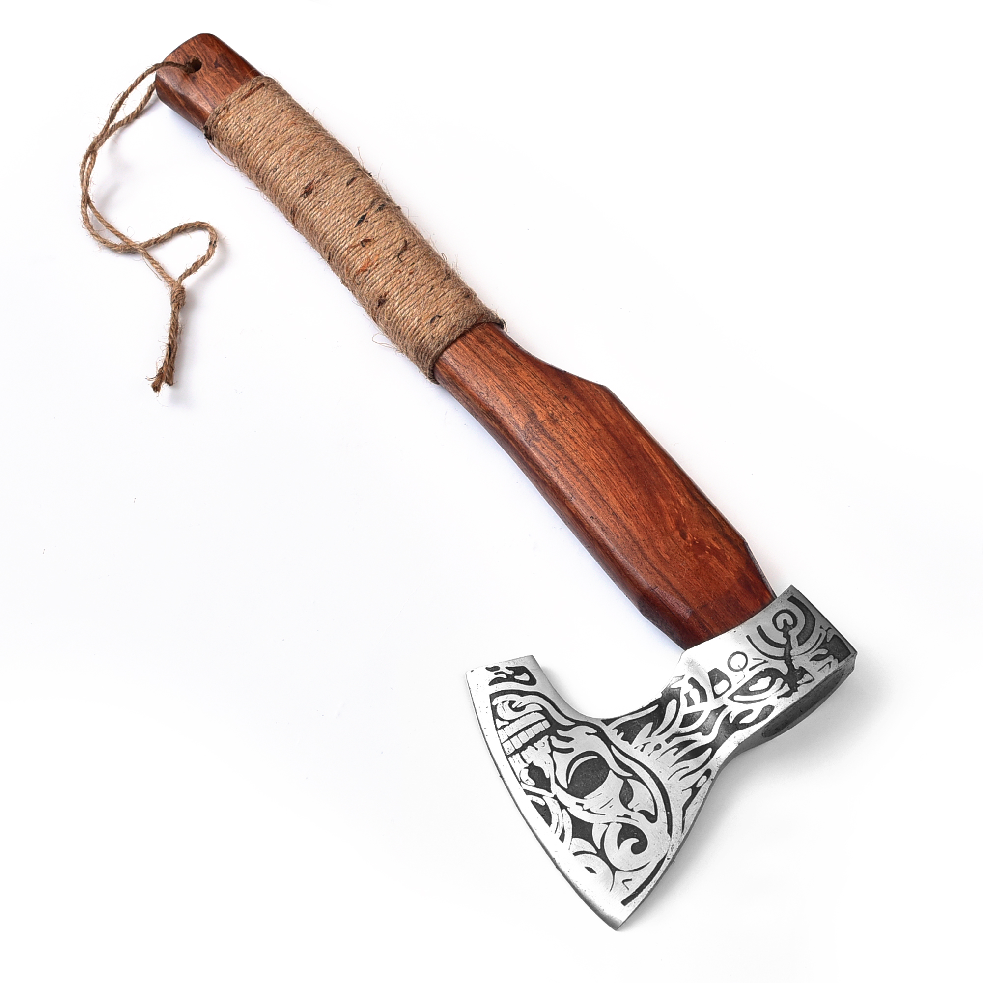 Viking Axe With Custom Skull Etched  Brown Rope Wrapped Handle
