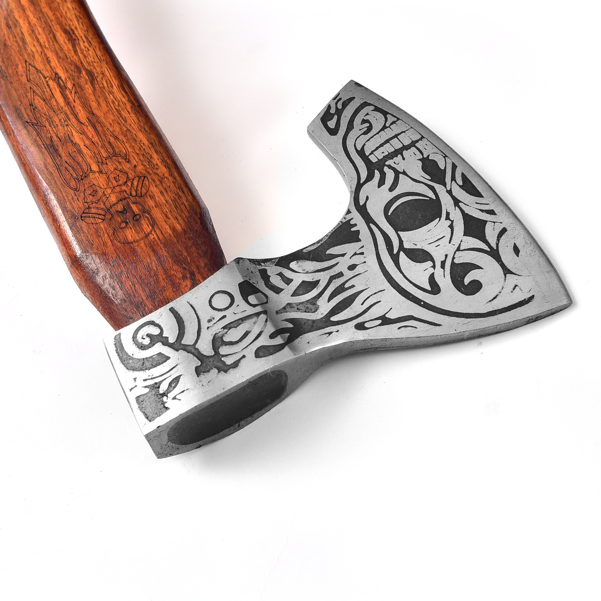 Viking Axe With Custom Skull Etched  Brown Rope Wrapped Handle
