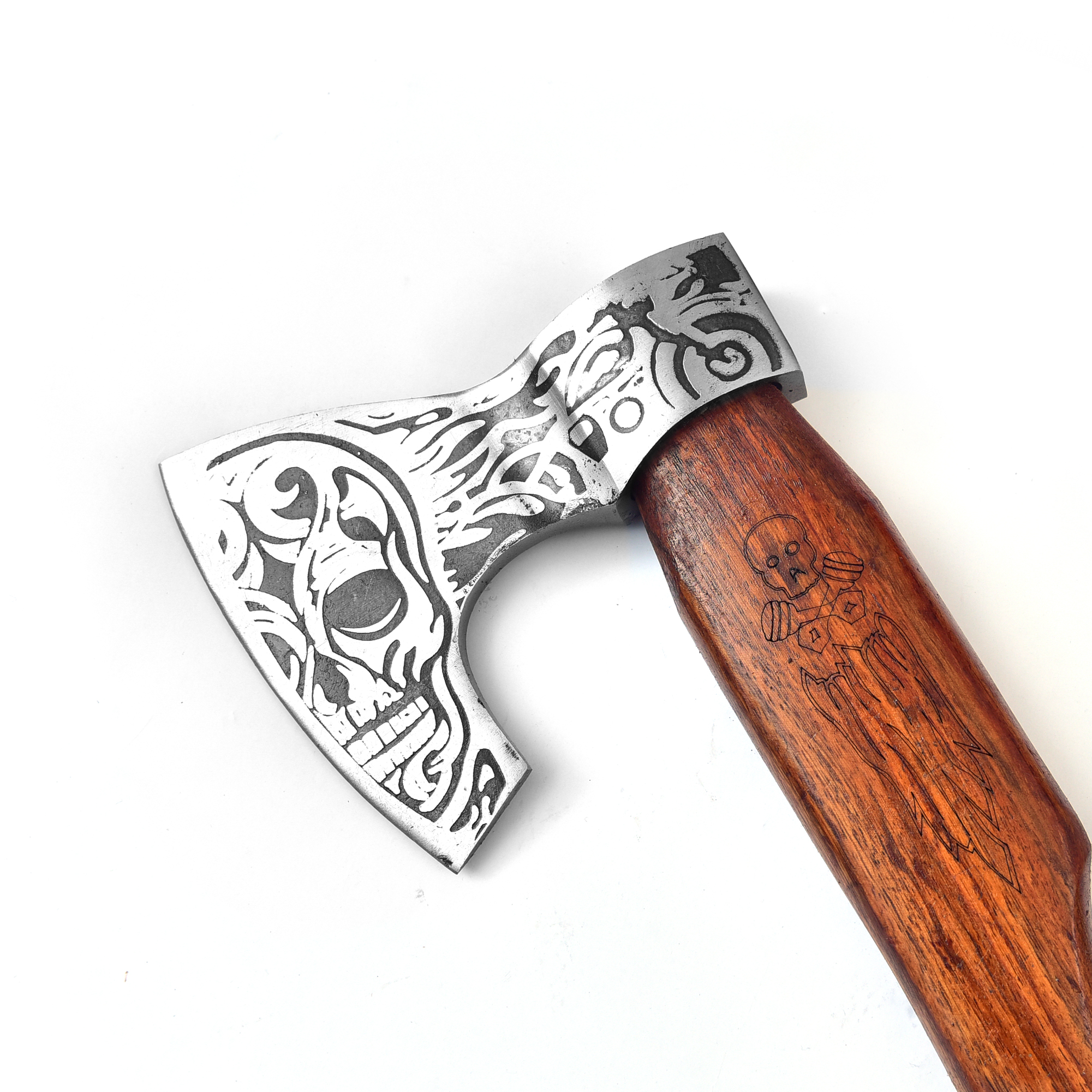 Viking Axe With Custom Skull Etched  Brown Rope Wrapped Handle