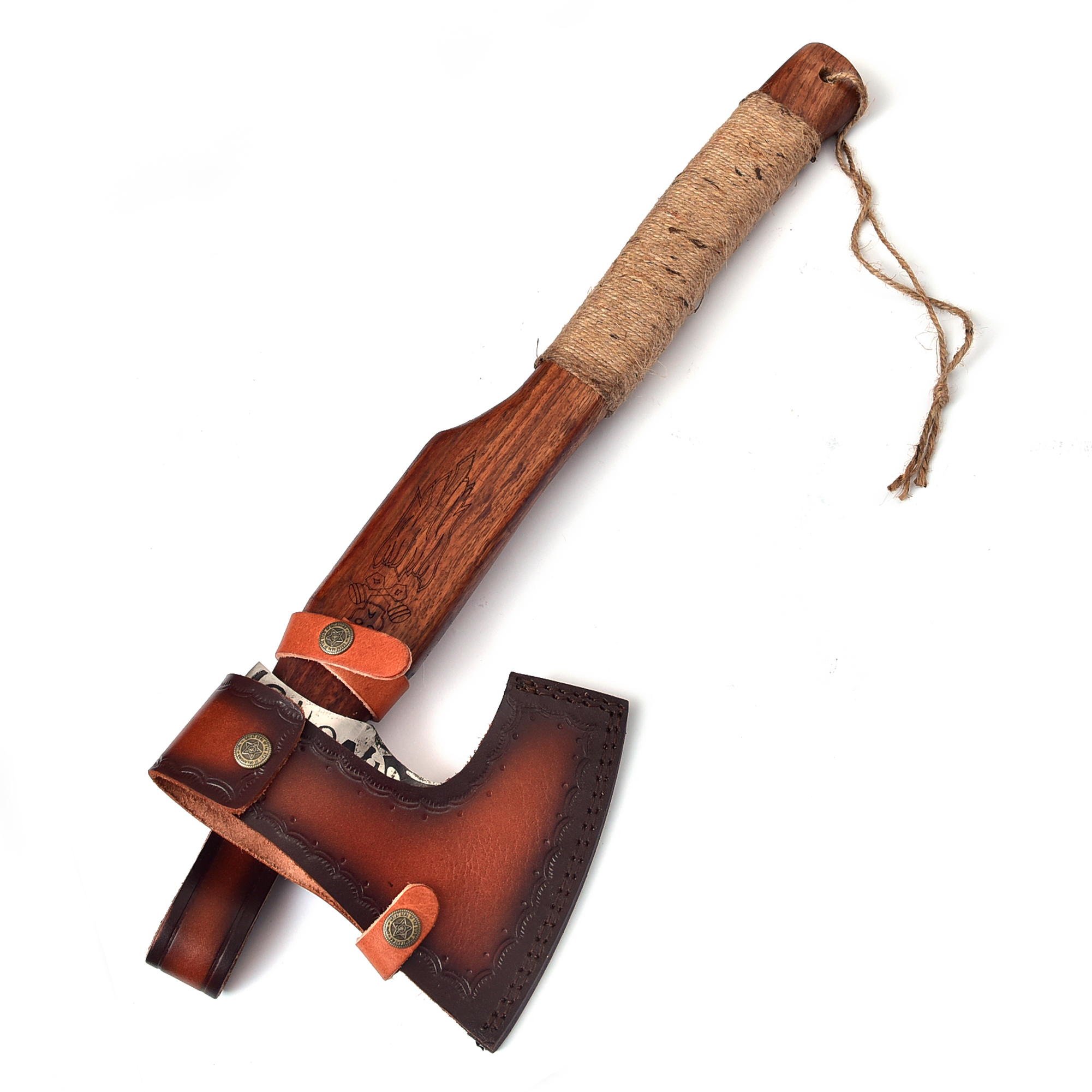 Viking Axe With Custom Skull Etched  Brown Rope Wrapped Handle