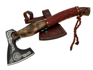 WHITE DEER Hand Forged Viking Axe With Custom Viking Etched  Brown Leather Wrapped Handle