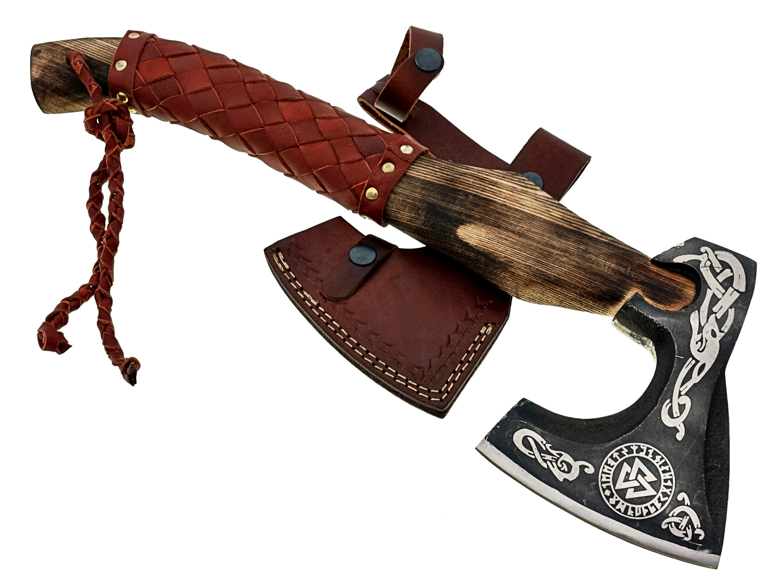 WHITE DEER Hand Forged Viking Axe With Custom Viking Etched  Brown Leather Wrapped Handle