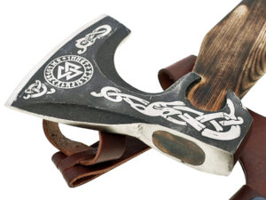 WHITE DEER Hand Forged Viking Axe With Custom Viking Etched  Brown Leather Wrapped Handle