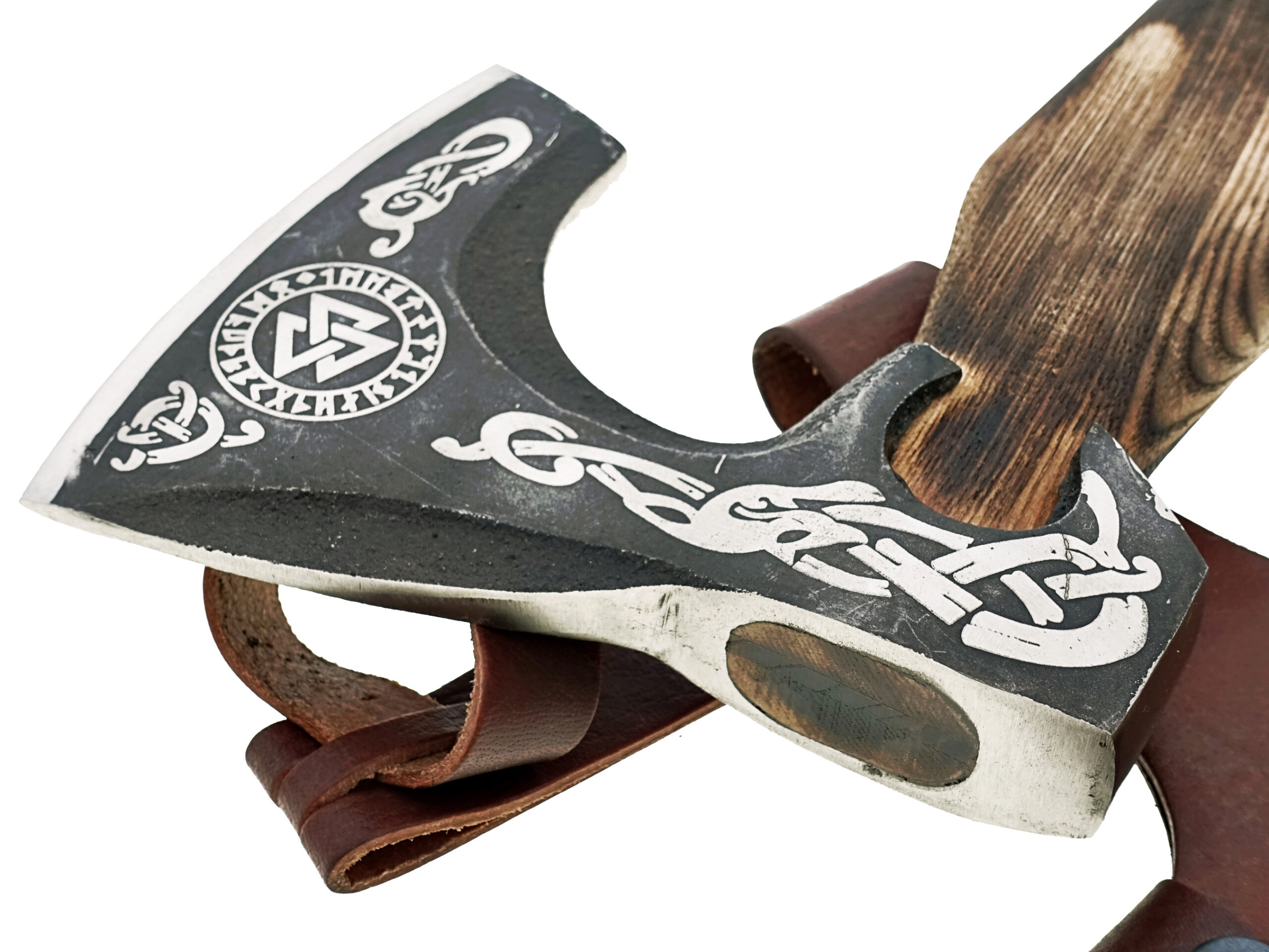 WHITE DEER Hand Forged Viking Axe With Custom Viking Etched  Brown Leather Wrapped Handle