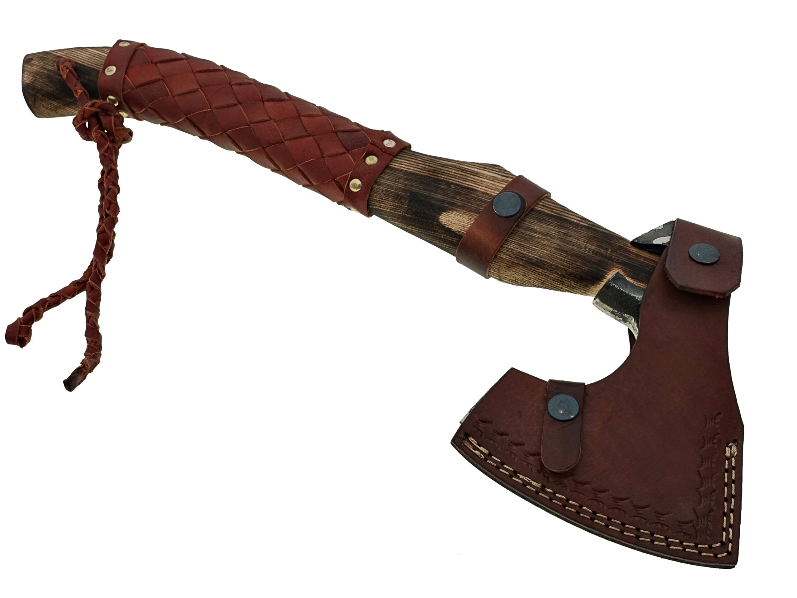 WHITE DEER Hand Forged Viking Axe With Custom Viking Etched  Brown Leather Wrapped Handle