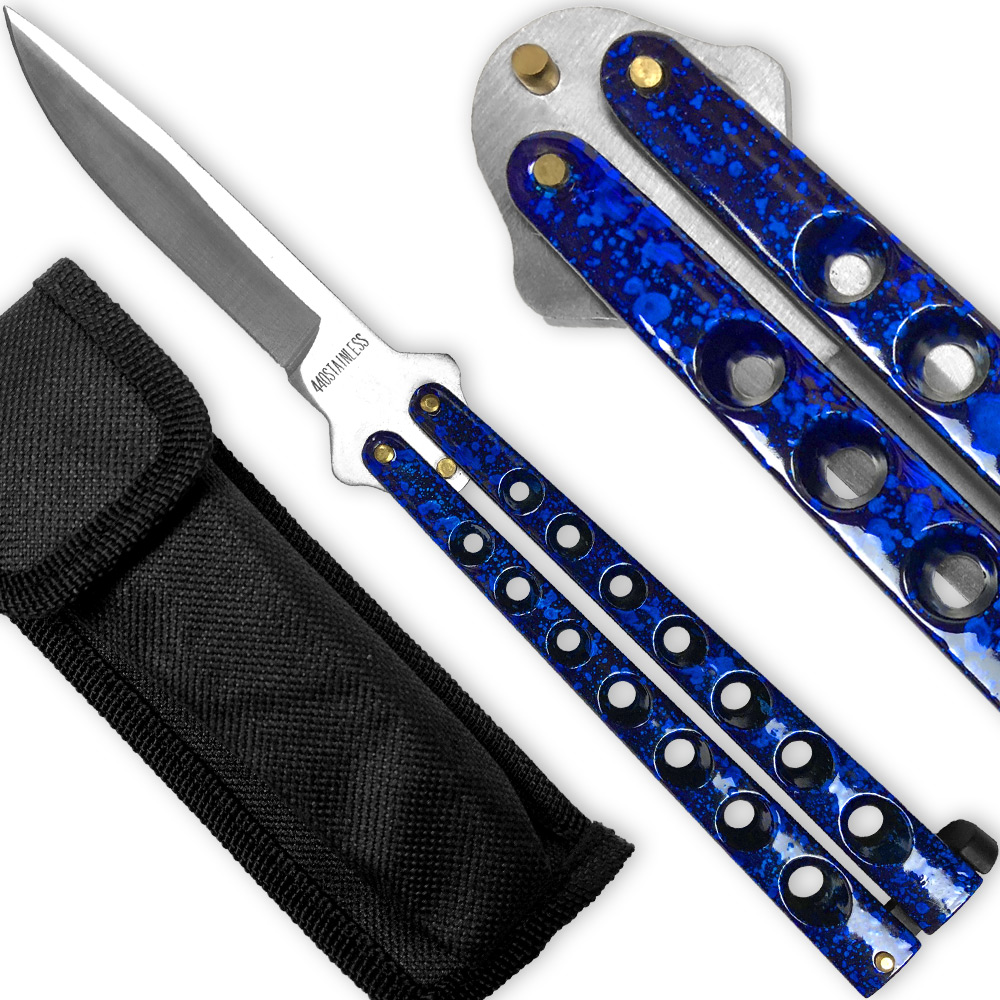 Scoundrel Alloy Balisong Butterfly Knife Blue & Black Matrix Handle