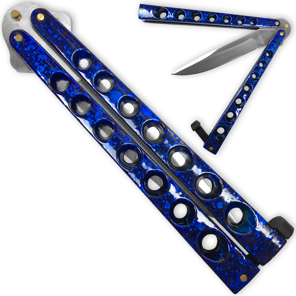 Scoundrel Alloy Balisong Butterfly Knife Blue & Black Matrix Handle