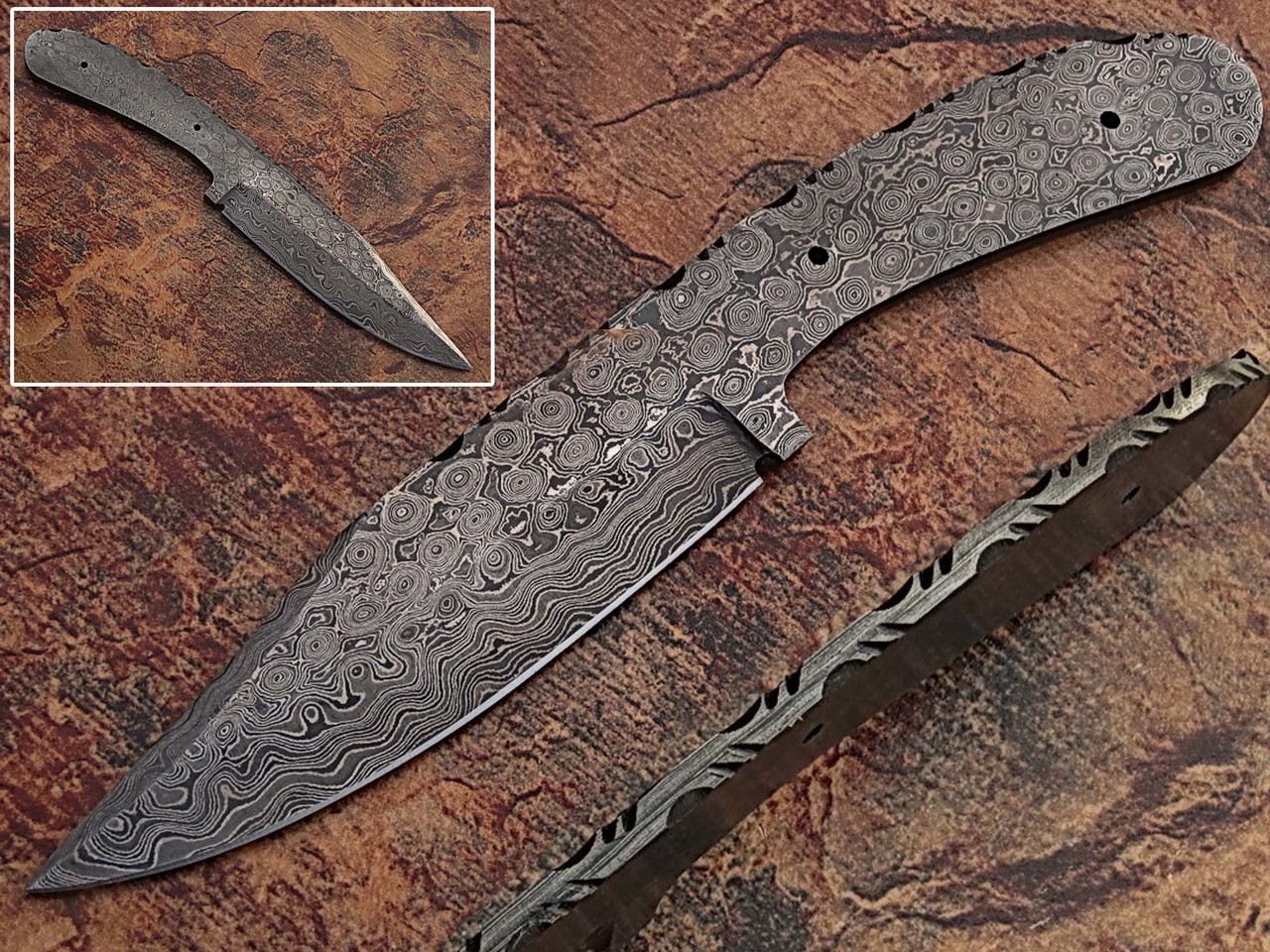 White Deer Damascus Blank Knife Full Tang Bird Eye Pattern Welded Skinner Blade