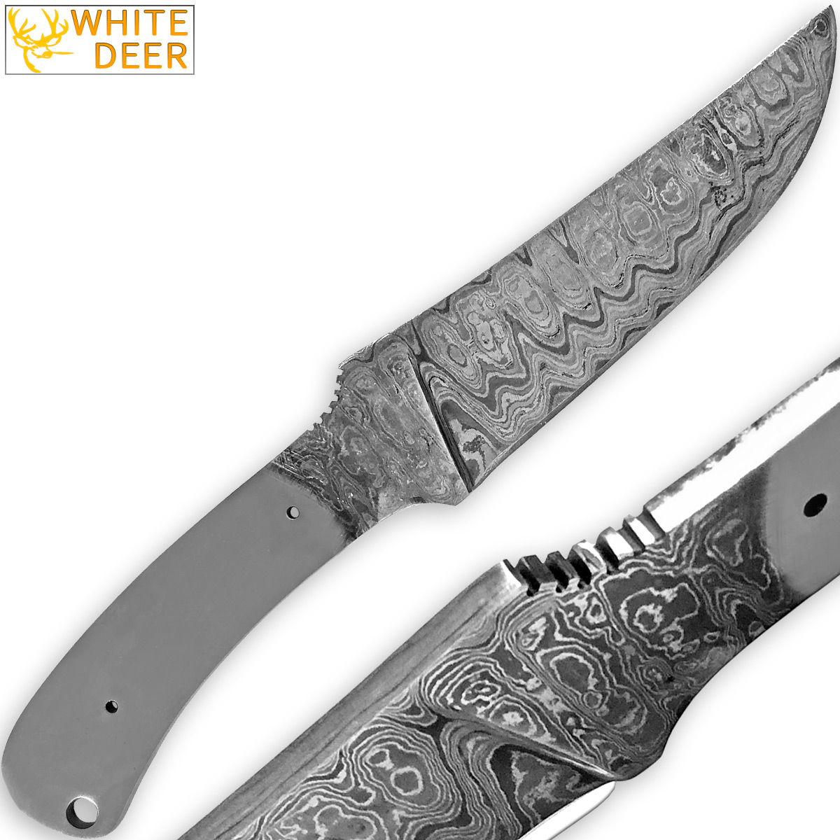 White Deer Damascus Blank Knife Full Tang Rain Drop Pattern Welded Skinner Blade