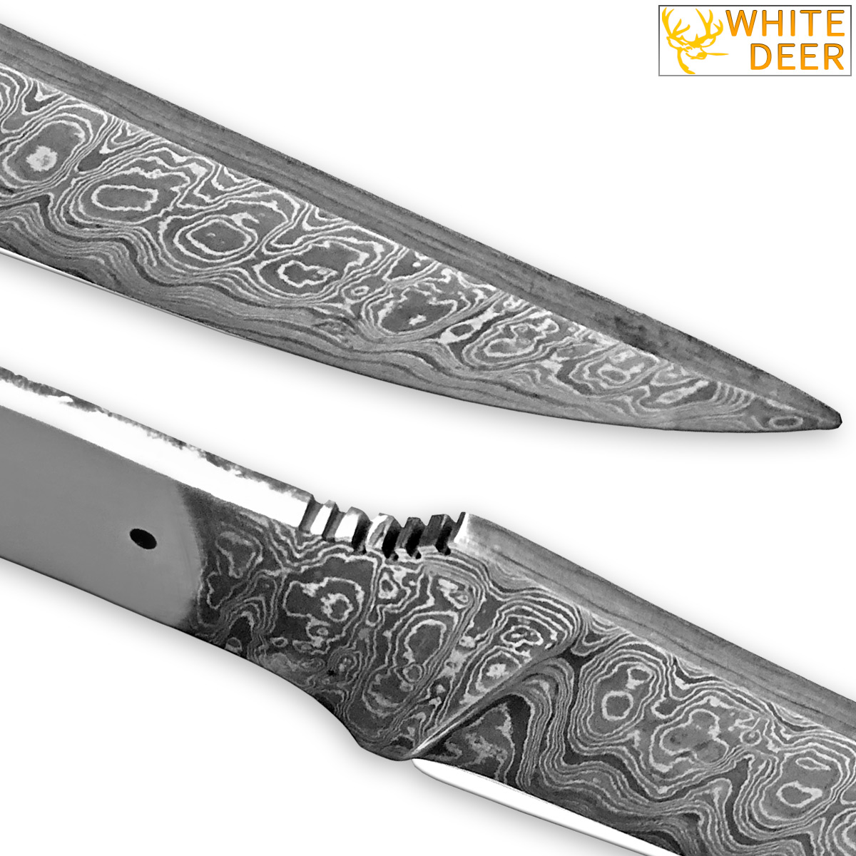 White Deer Damascus Blank Knife Full Tang Rain Drop Pattern Welded Skinner Blade