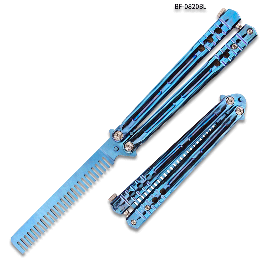 Blue Titanium Stainless Steel Folding Butterfly Balisong Comb