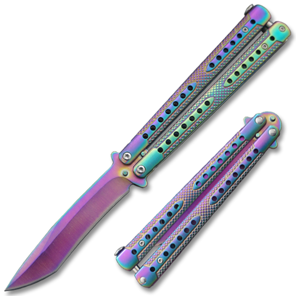 Swift Titanium  Balisong  Two-Tone Titanium Coated Butterly Knife  Curved Blade